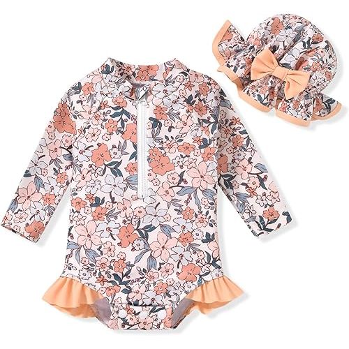 Aalizzwell Baby Girls Long Sleeve One Piece Swimsuit with Hat