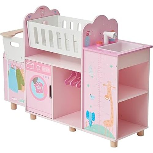 Olivia's Little World 6-in-1 Wooden Baby Doll Nursery Set – Crib, High Chair, Changing Table, Doll Furniture for 16” Dolls – Baby Doll Accessories Playset for Girls Ages 3+, Pink