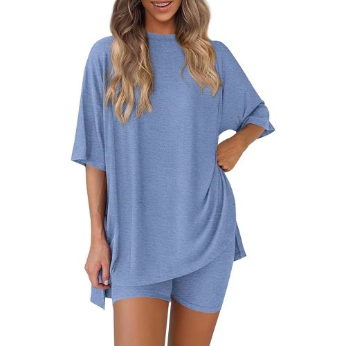PRETTYGARDEN Women's Two Piece Lounge Set 2025 Summer Casual Oversized Shirts Biker Shorts Matching Airport Travel Outfit