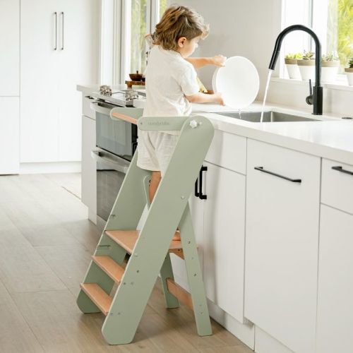 Comfy Cubs Kids Step Stool for Ages 3+, 3 Height Adjustable Toddler Tower for Kitchen Sink & Bathroom Access - Sage
