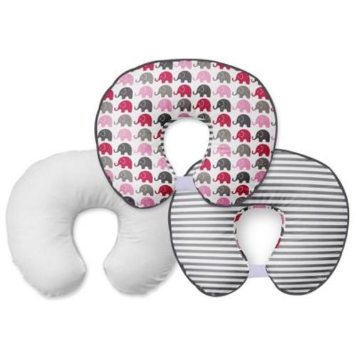 Bacati - 3 Pc Elephants Pink/gray Hugster Feeding & Infant Support Nursing Pillow With 2 Removable Zippered Covers