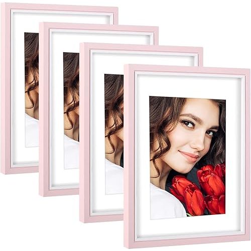 LBECUA 8x10 Picture Frame Set of 4, Pink Picture Frames Display Photo 8x10 without Mat or 5x7 with Mat, Horizontal and Vertical for Wall and Tabletop