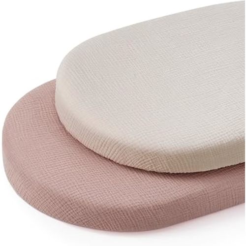 Blissful Diary Muslin Bassinet Sheets for Baby Girls Boys, Boho Soft Cotton Fitted for Oval Hourglass Rectangle Mattress, 2 Pack(Cream&Pink)