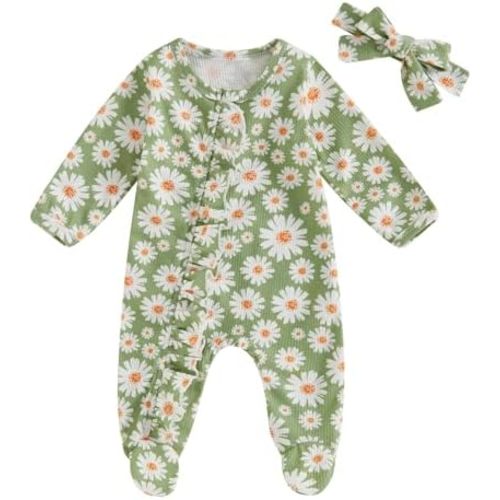 Newborn Baby Girl Clothes Fall Winter Long Sleeve Footie Romper Waffle Ruffle Zipper Jumpsuit Coming Home Outfit