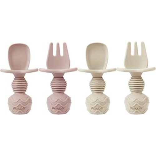 PandaEar 4 Pack Silicone Baby Spoons Forks Feeding Set, Toddler Utensils Baby Led Weaning Supplies, First Stage Baby Spoon Self Feeding 6 Months Old Baby Essentials