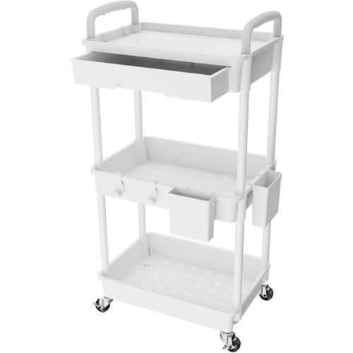 3 Tier Rolling Utility Cart with Drawer,REBECAT Utility Cart Made of Multifunctional Storage Organizer Tool for Kitchen,Bathroom,Living Room,Office(White)