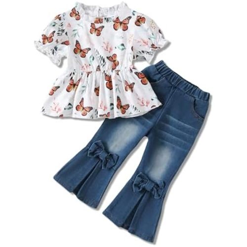 Baby Girl Clothes Toddler Girl Outfits Kids Puff Sleeve Shirt Top Flare Denim Pants Jeans Clothing for Little Girls