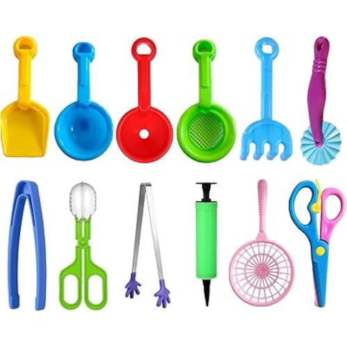 12 Pcs Sensory Bin Filler,Sensory Bin Tools, Fine Motor Skills Handy Scooper Set with 5 Scoops, Plastic Tweezers, Silicone Tongs, Beach Shovels, Air Pump, Scissors Clip