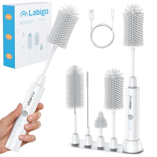LABIGO Electric Bottle Brush Cleaner Set, Bottle Brush Cleaner with IPX7 Waterproof and 2 Adjust Speeds, 4 Replace Brush Heads for Baby Bottle, Coffee Cup, Mug, Sports Bottle, Glass Cup, Light White