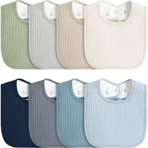 8-Pack Baby Muslin Bibs, Soft Cotton Drool Bibs for Boys Girls, Adjustable and Absorbent Newborn Bib Set for Feeding and Drooling