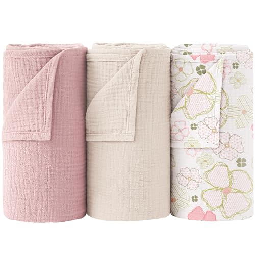 Bearmoss Muslin Swaddle Blankets 100% Cotton Large Baby Swaddle Blankets 47x47in, Super Soft Breathable Receiving Blankets for Unisex Baby Boys Girls (Pink Flower)
