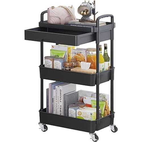 3-Tier Rolling Utility Cart with Drawer,Multifunctional Storage Organizer with Plastic Shelf & Metal Wheels,Storage Cart for Kitchen,Bathroom,Living Room,Office,Black