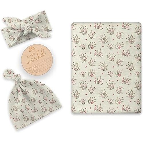 Newborn Swaddle Set with Matching Hat and Headband Bow, Wooden Birth Announcement Card, Muslin Baby Swaddle Blankets for Girls, Wildflower Pattern