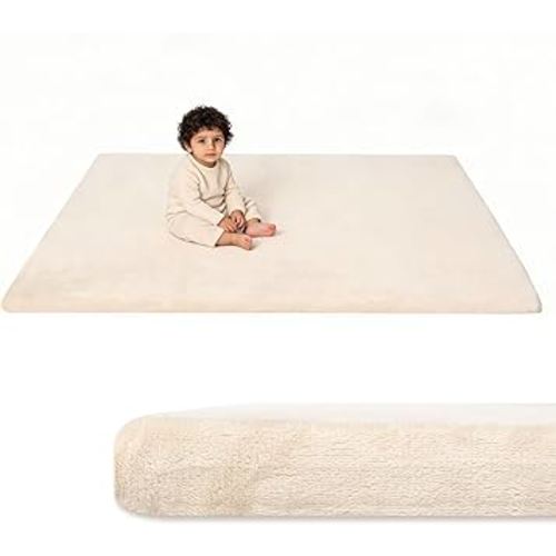 Velvet Baby Play Mat for Floor, 1.3" Thick Elasti-Foam 47"×47" Playpen Mat with Removable & Washable Velvet Cover for Toddler, Infant,Kids, Non-Slip Crawling Mat for Tummy Time (Beige)