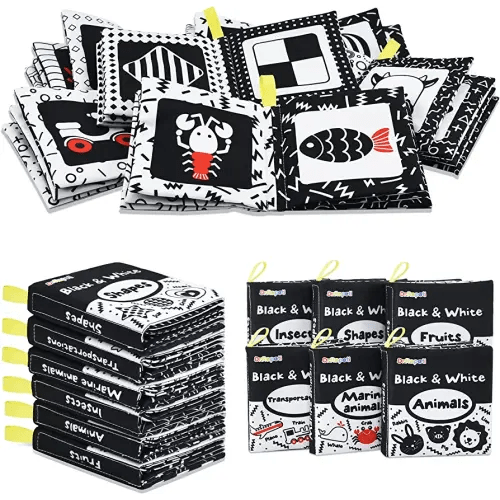 Dr.Rapeti Soft Cloth Books Baby Books Bath Books 6-Pack for Baby Infant Toddler Kids High Contrast Black and White Crinkle Washable Chewable Non-Toxic Early Educational Giftable