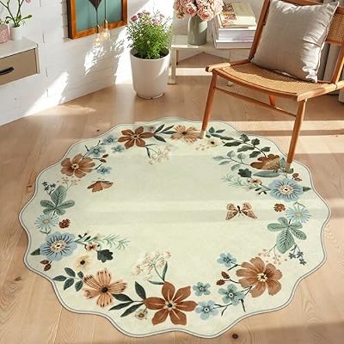 Lahome Floral Round Area Rugs, Washable Small Round Rug 3ft Non-Slip, Soft Boho Ultra-Thin Circle Carpet for Bedroom Entryway Kitchen Laundry Bathroom, Beige
