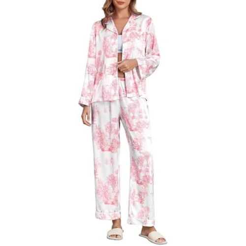 Brosloth Women's Silk Satin Pajamas Pjs Sets Cute Lace Pattern Two Piece Loungewear Set Button Up Pajamas Sleepwear Black