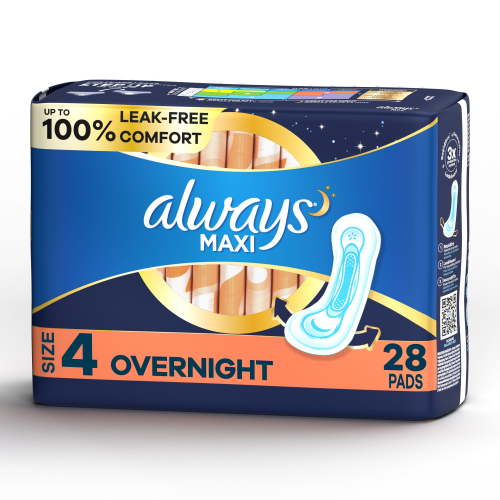Always Maxi Pads without Wings, Size 4, Overnight Absorbency, 28 CT HSA/FSA Eligible