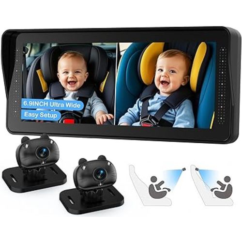 Dual Baby Car Camera for 2 Kids - 6.9” HD Display with Ambient Lighting, Rotatable Night Vision Cameras, Easy Setup, Ideal for Parents, Grandparents, Nannies, Safe & Clear Viewing