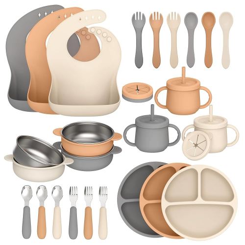 27 Pack Silicone Baby Feeding Set, Hepotk BPA-Free Food Grade Baby Feeding Essentials Utensils, Second Stage Baby Food Eating Utensils, Set of 3 babies((Brown, Beige, Grey)