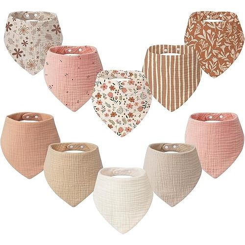 Tunnkit Muslin Baby Bibs, 10 Pack Triangular Bibs for Girls and Boys, Extra Absorbent Baby Bandana Drool Bibs for Newborn and Infants, Baby Essentials for Teething and Drooling