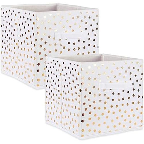 DII Non Woven Polyester Storage Bin, Polka Dot, White & Gold, Large Set of 2