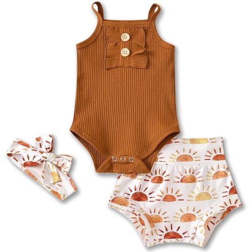 AMAWMW Newborn Baby Girl Summer Clothes Ruffle Ribbed Romper Vintage Floral Bloomers Shorts Outfit Infant Gift Set - 3-6 Months - Brown Sun Print