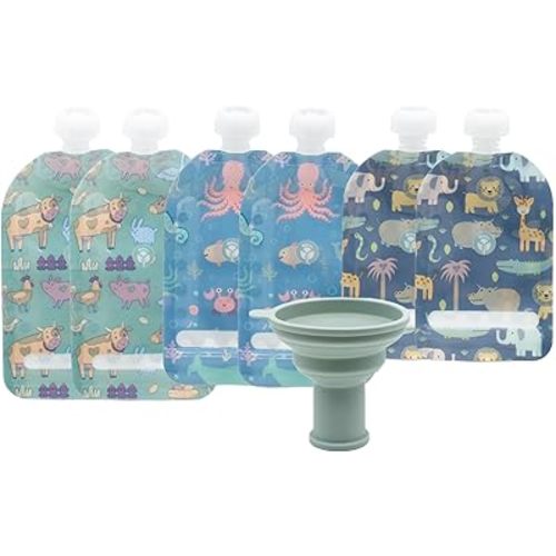 WeeSprout Double Zipper Reusable Food Pouches, Perfect for Babies & Toddlers, Freezer & Dishwasher Safe (Animals, 6 Piece Assortment)