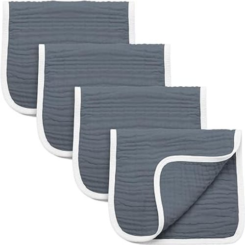 Synrroe Burp Cloths Large, Muslin Burp Cloths for Baby Girls and Boys, Pack of 4 Extra Absorbent and Soft Muslin, 6 Layers 20 by 10 Inches 100% Cotton (Dark Grey 4 Pack)