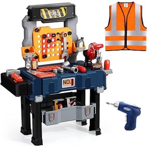 Deejoy Kids Tool Bench with Realistic Tools and Electric Drill, Transformable Kids Tool Set, Toddler Tool Bench Pretend Play Learning Gift for Boys & Girls Age 3-5 (with Work Clothes)