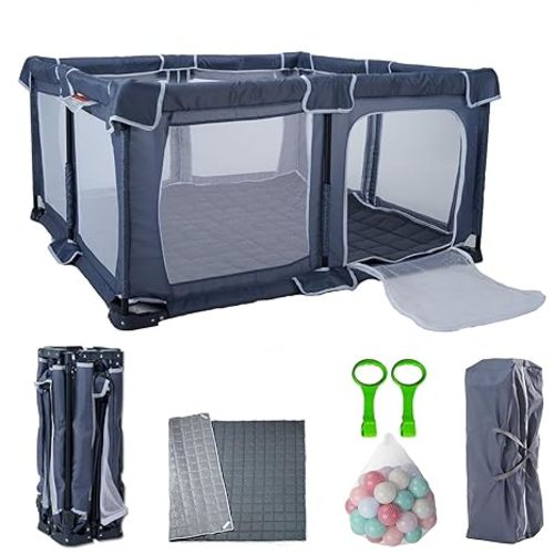 Foldable Baby Playpen 59"X71",Play Pen for Babies and Toddlers, Portable Playpen, Kids Collapsible Play Pen, Indoor & Outdoor Baby Fence with Visible Mesh,Safety Area Travel Play Yard with mat (Grey)