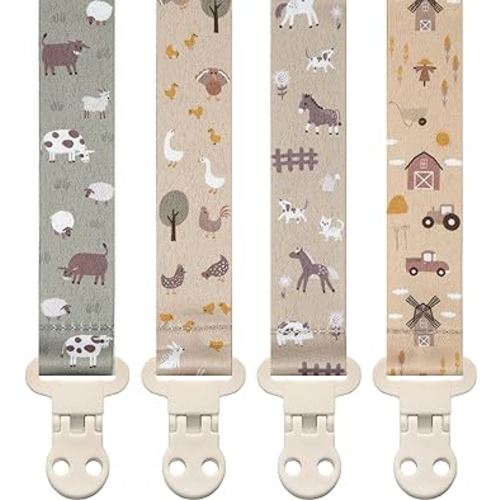 Baby Pacifier Clip Holder - Girl or Boy Unisex 4 Pack Gift Set – Animals Tractors Neutral (Farm)
