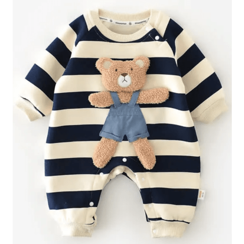Baby Striped Bear Fleece Lined Romper