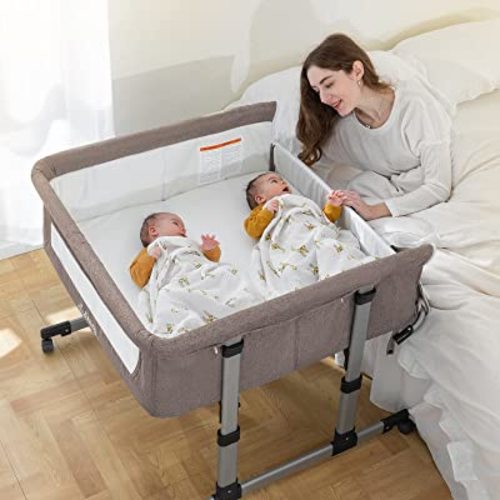 Ihoming Twin Bassinets for Baby, Double Bassinet Bedside Sleeper for Twins, Double Bassinets Sleeper for 2 Babies, Infant Co Sleeper Bedside Crib Attaches to Bed, Khaki