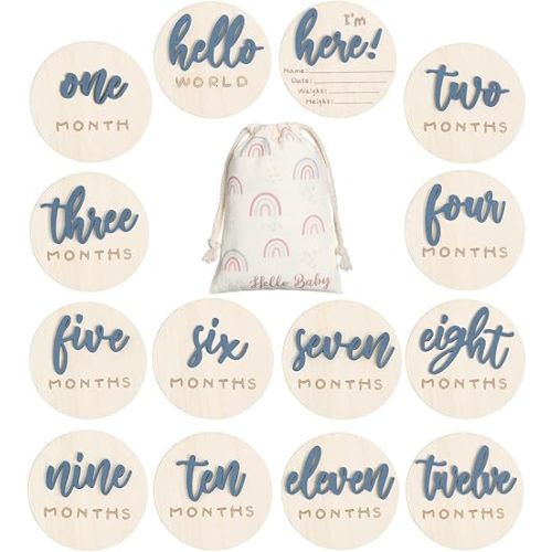 3D Baby Milestone Wooden Circles Hello World Newborn Sign 7 Pack Double Sided Monthly Milestone Cards Sign Baby Announcement Sign for Newborn Shower Photo Props (Slate Blue)