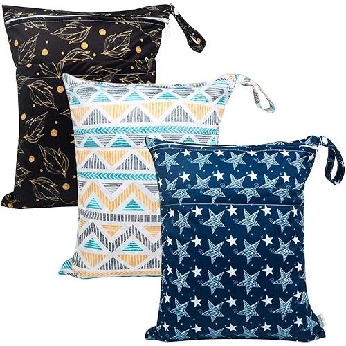 babygoal Wet Dry Bags for Baby Cloth Diapers, Washable Travel Bags, Beach, Pool, Gym Bag for Swimsuits & Wet Clothes with Two Zippered Pockets 3 Pack,3LN06