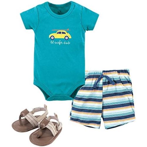 Hudson Baby Unisex Baby Cotton Bodysuit, Shorts and Shoe Set
