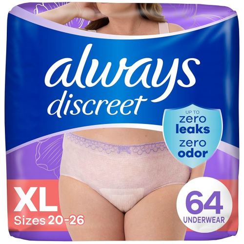 Always Discreet Adult Incontinence Underwear for Women and Postpartum Underwear, XL, Up to 100% Bladder Leak Protection, 64 Count (Packaging May Vary)