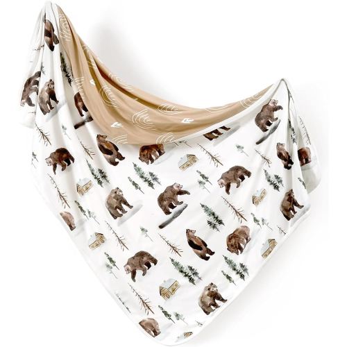 GRSSDER Baby Blankets Super Soft Stretchy Jersey Knit Swaddle Blanket for Girls and Boys, Double Layer Reversible Receiving Blankets 34 x 44, Extra Large for Swaddling, Jungle Bear/Rainbow