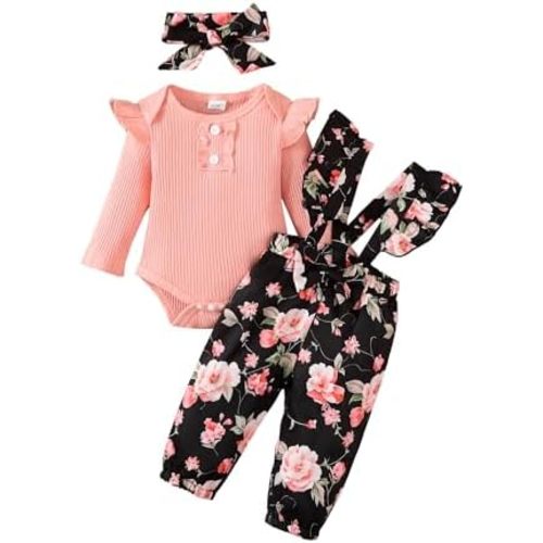 SUNNY PIGGY Newborn Baby Girl Clothes Ruffle Long Sleeve Ribbed Romper Flare Pants Jumpsuit Infant 2pcs Outfits
