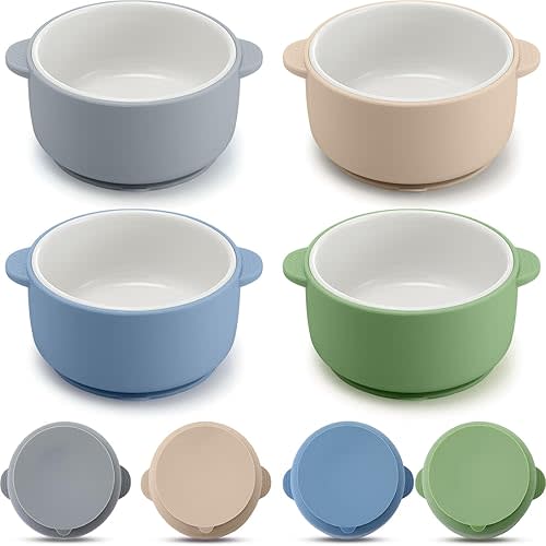 Domensi 4 Sets Kids Porcelain Bowls with Silicone Suction Sleeves Toddler Suction Bowls Baby Bowl Microwave Dishwasher Safe Cereal Soup Snack Dishes for Children Food Feeding Supplies (Morandi Colors)