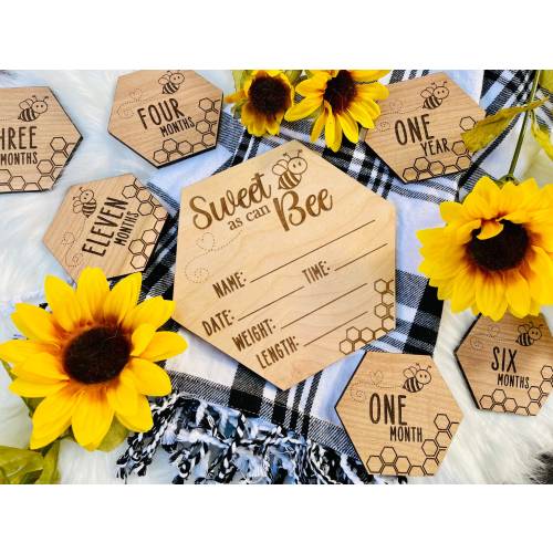 Sweet as can bee birth announcement wood sign and monthly milestone photo markers