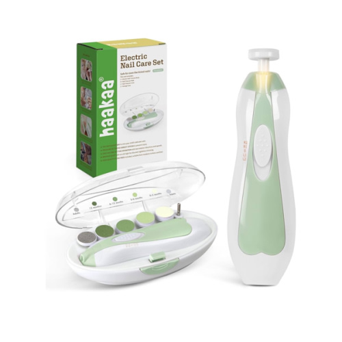 haakaa Baby Nail File Electric Baby Nail Care Set with LED Light, Baby Nail Clippers for Newborn/Infants/Adults Toenails and Fingernails, 6 Replacement Heads & Storage Case, Green