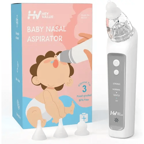 HEYVALUE Nasal Aspirator for Baby, Electric Baby Nose Sucker, Automatic Nose Cleaner with 3 Silicone Tips, Adjustable Suction Level and Music Soothing Function