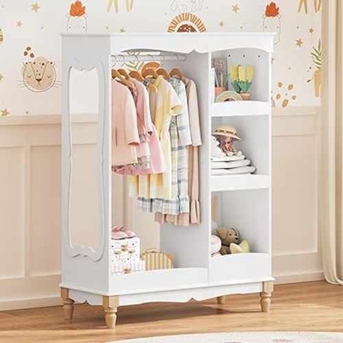 Kids Dress Up Storage with Flower Mirror & Wood Legs, Open Hanging Closet Wardrobe for Children, Kids Armoire & Costume Organizer for Bedroom Playroom,White