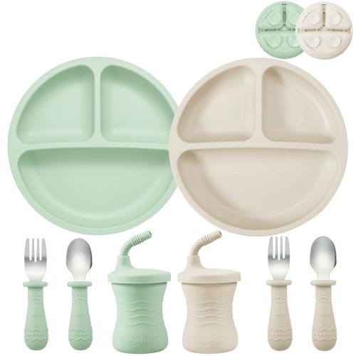 PandaEar Silicone Baby Feeding Set | 2 Silicone Divided Suction Plate and 2 Toddler Cup with 4 Silicone Stainless Spoons & Forks| BLW Supplies Self Feeding Eating Utensils (Sea Mist/Bone)