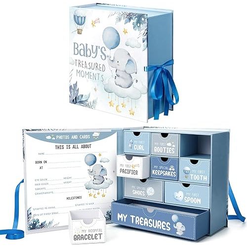 Baby Keepsake Box for Treasured Memories Elephant Newborn Memory Organizer with 9 Labeled Compartments Newborn First Keepsake Book Gender Neutral Baby Shower Gifts for Girls Boys