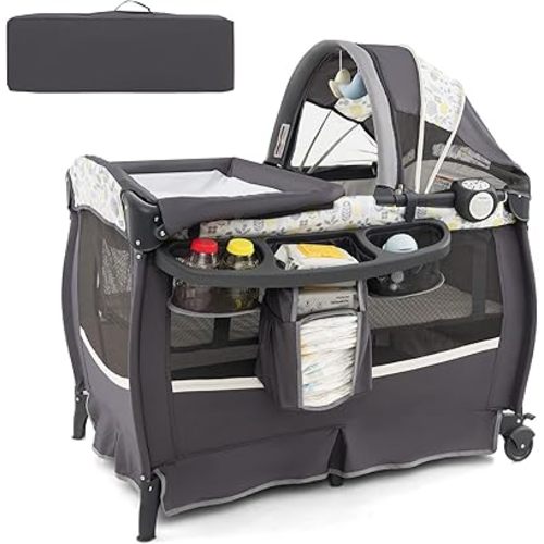 HONEY JOY Pack and Play, 4 in 1 Portable Baby Crib Playpen w/Bassinet, Changing Table, Canopy, Mattress, Music Box, Storage Bag, Foldable Pack and Play Nursery Center for Infant Boys Girls