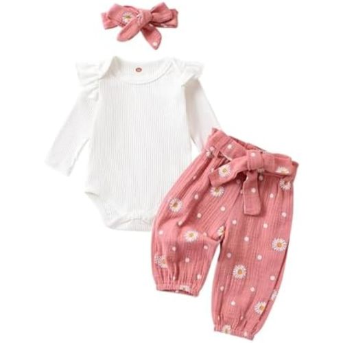 Newborn Baby Girl Clothes Rib Knit Romper Daisy Print Pants Infant Girl Outfit with Headband