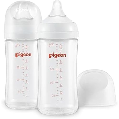 Pigeon Glass Nursing Bottle Wide Neck, Anti-Colic, Streamlined Body, Natural Feel, Easy to Clean, Heat-Resistant, 8.1 Oz(Pack of 2), Includes 2pcs M Nipples (3m+)